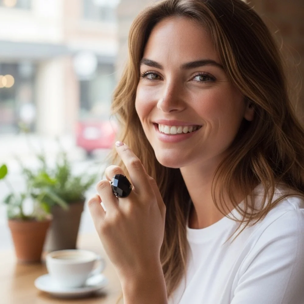 Stunning Green Black Gemstone Cocktail Ring with Gunmetal Accents - Size 7